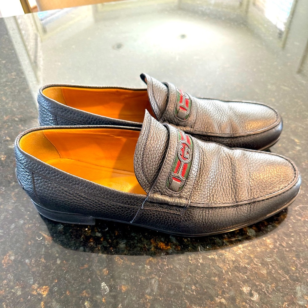 Gucci Men's Leather Horsebit Driver Loafers Moccasins Embroidered G US